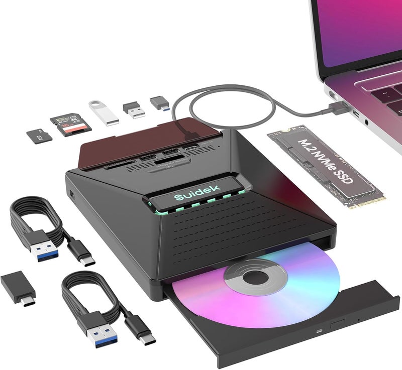 SUIDEK External CD DVD Drive for Laptop, 7 in 1 Portable CD DVD +/-RW Burner Reader with M.2 NVMe Interface,SD/Micro SD Card Slots and USB A Type C 2.0, Compatible with Laptop PC Mac Windows Linux - Image 1